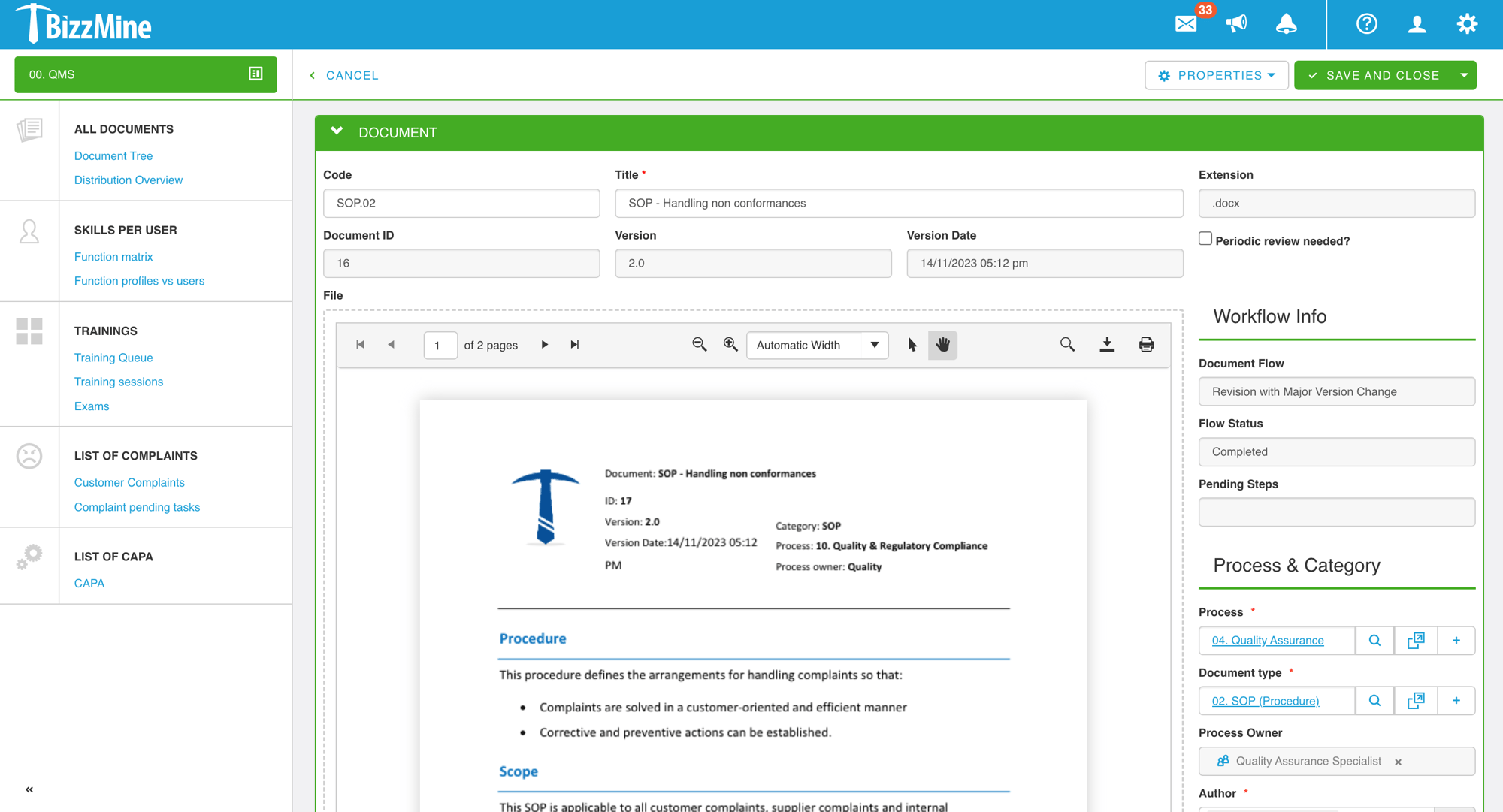 Screenshot Document Control Full compliance